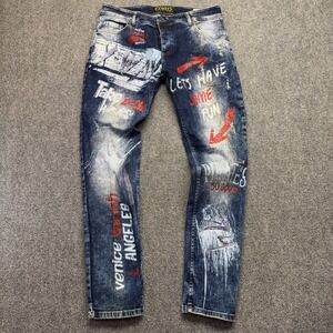 XWAY 6115 Mens Blue Acid Wash Graphic Print Distressed Slim Jeans Size 36